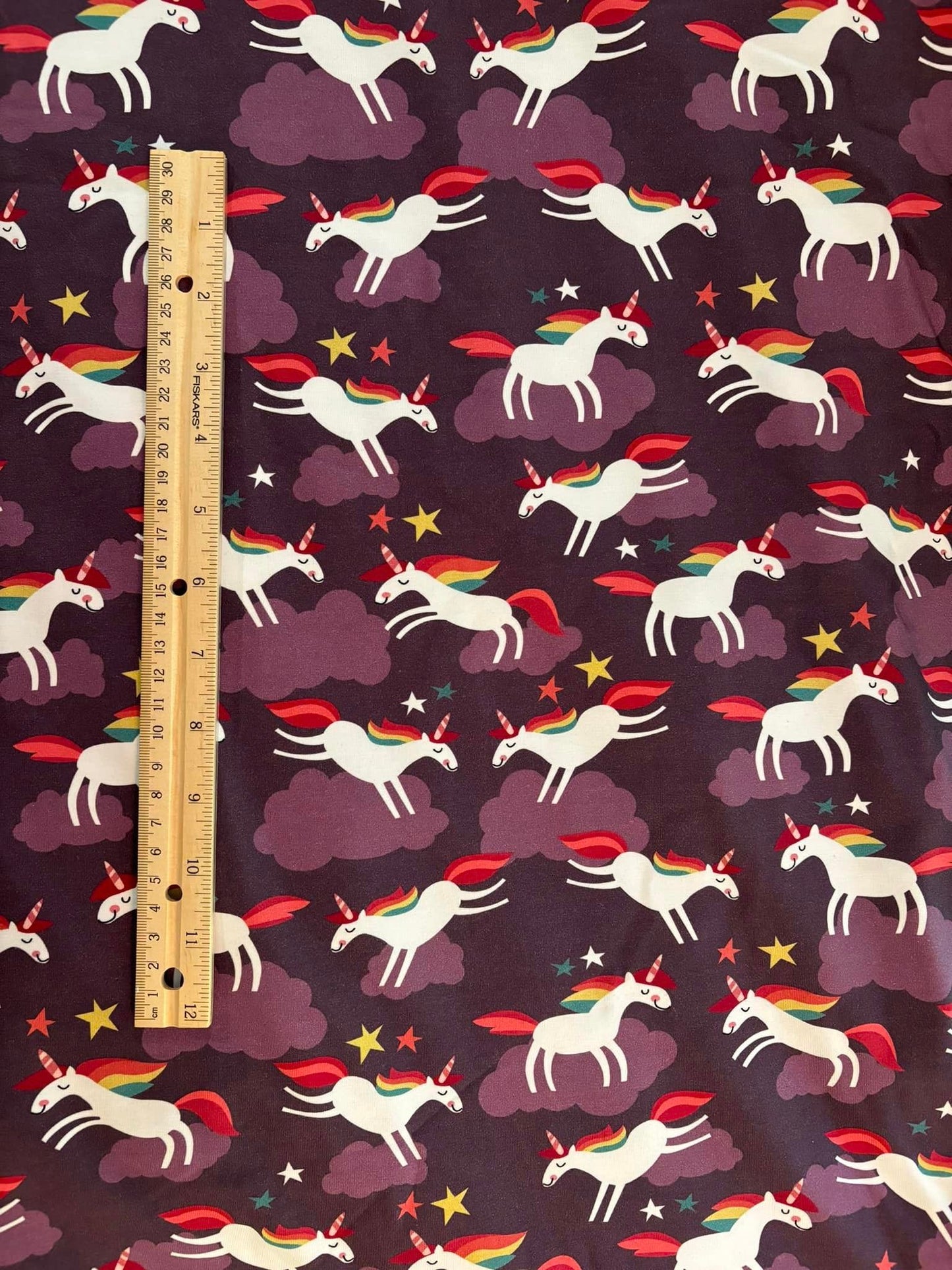 Purple Unicorns in Clouds Cotton Lycra Fabric by the yard