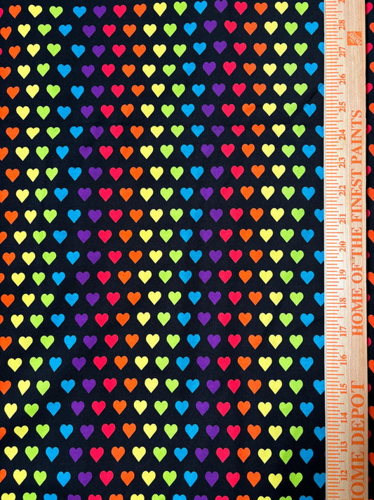 Black Neon Rainbow Hearts Cotton Lycra Knit Fabric by the yard