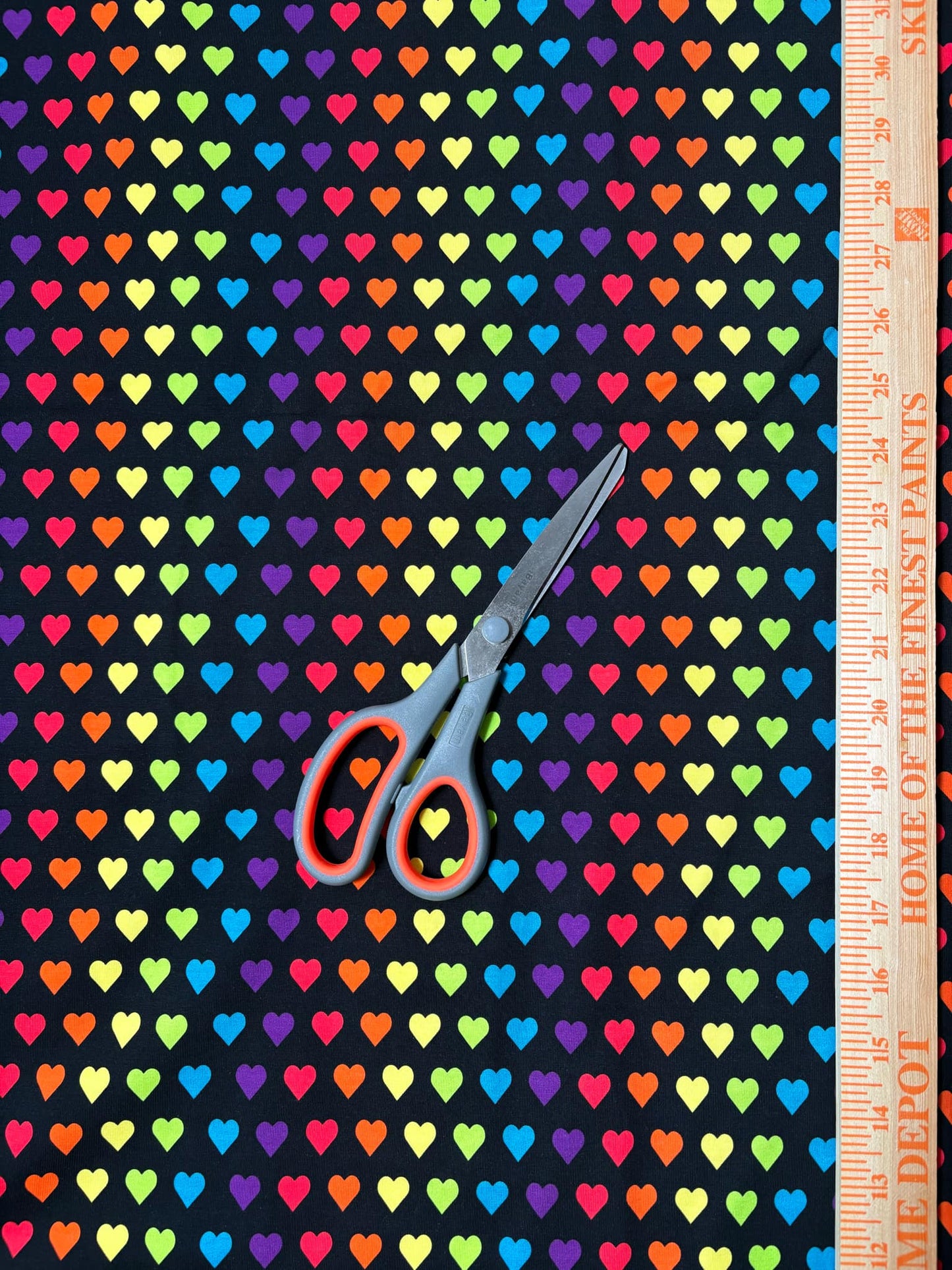 Black Neon Rainbow Hearts Cotton Lycra Knit Fabric by the yard