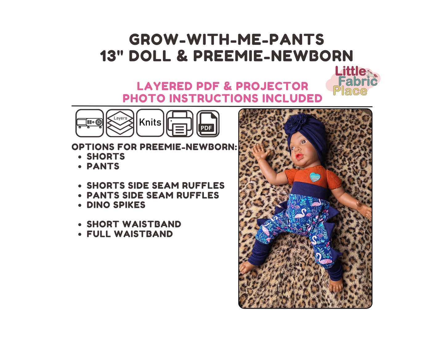 Grow with me pants Doll Preemie Newborn Digital Sewing Pattern - PDF print and projector