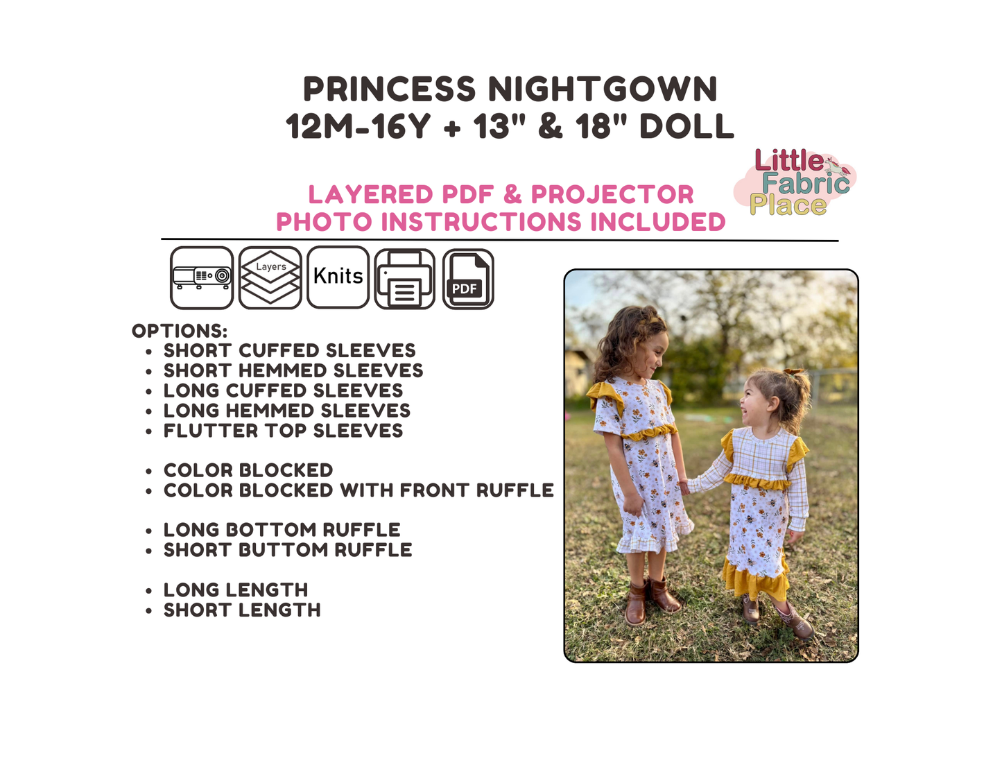 Princess Nightgown Sewing Pattern - PDF print and projector