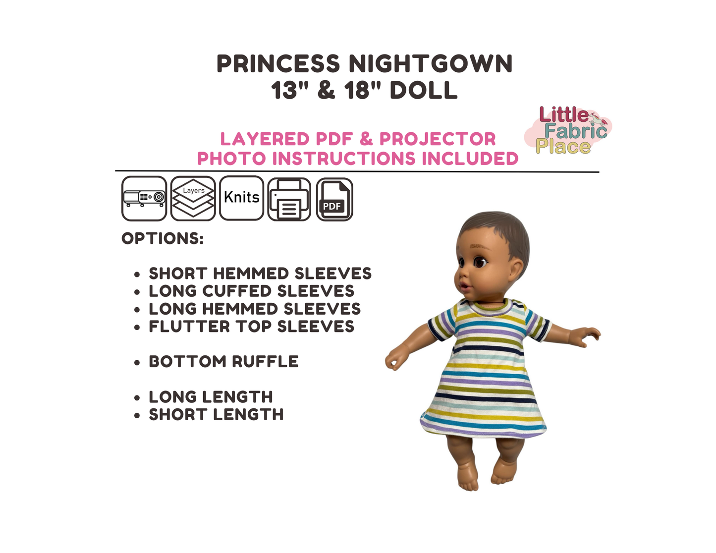 Doll Princess Nightgown Sewing Pattern - PDF print and projector