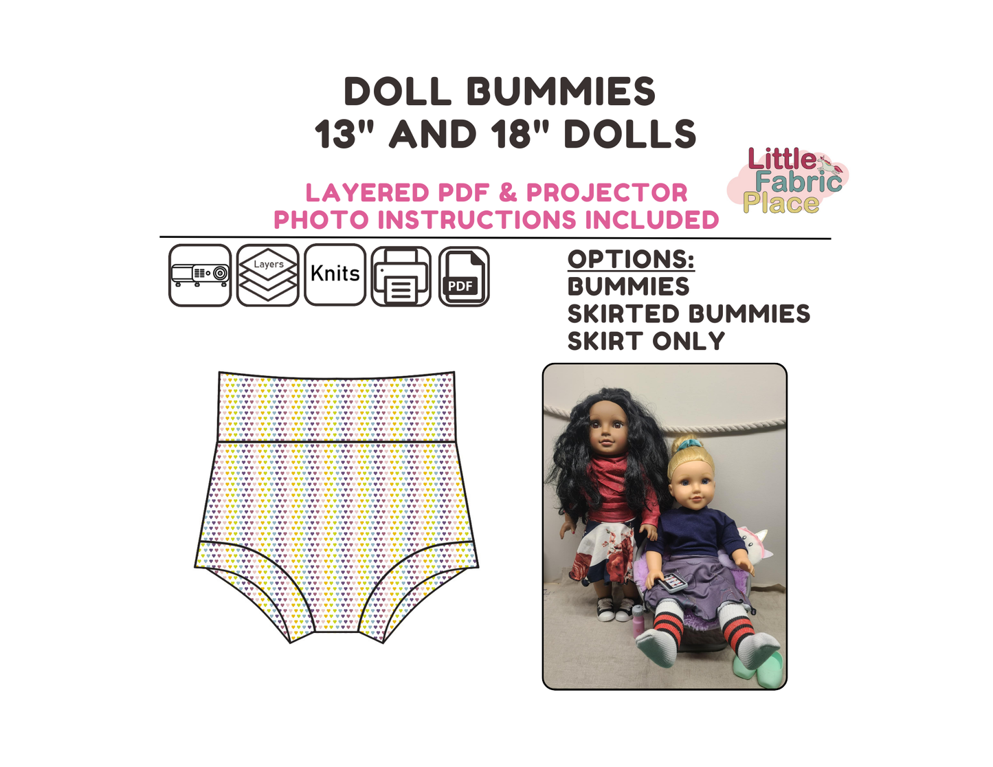 Doll Bummies with Skirt Digital Sewing Pattern - PDF print and projector