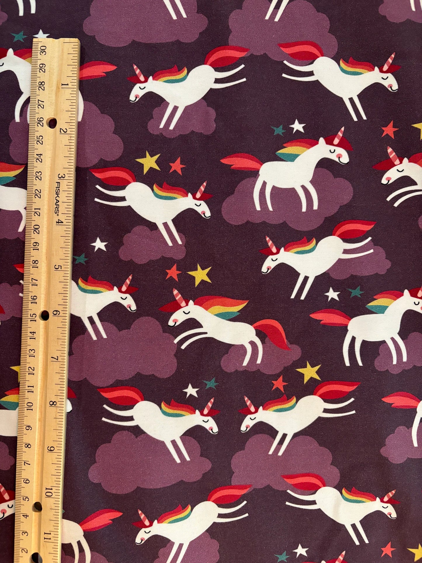 Purple Unicorns in Clouds Cotton Lycra Fabric by the yard